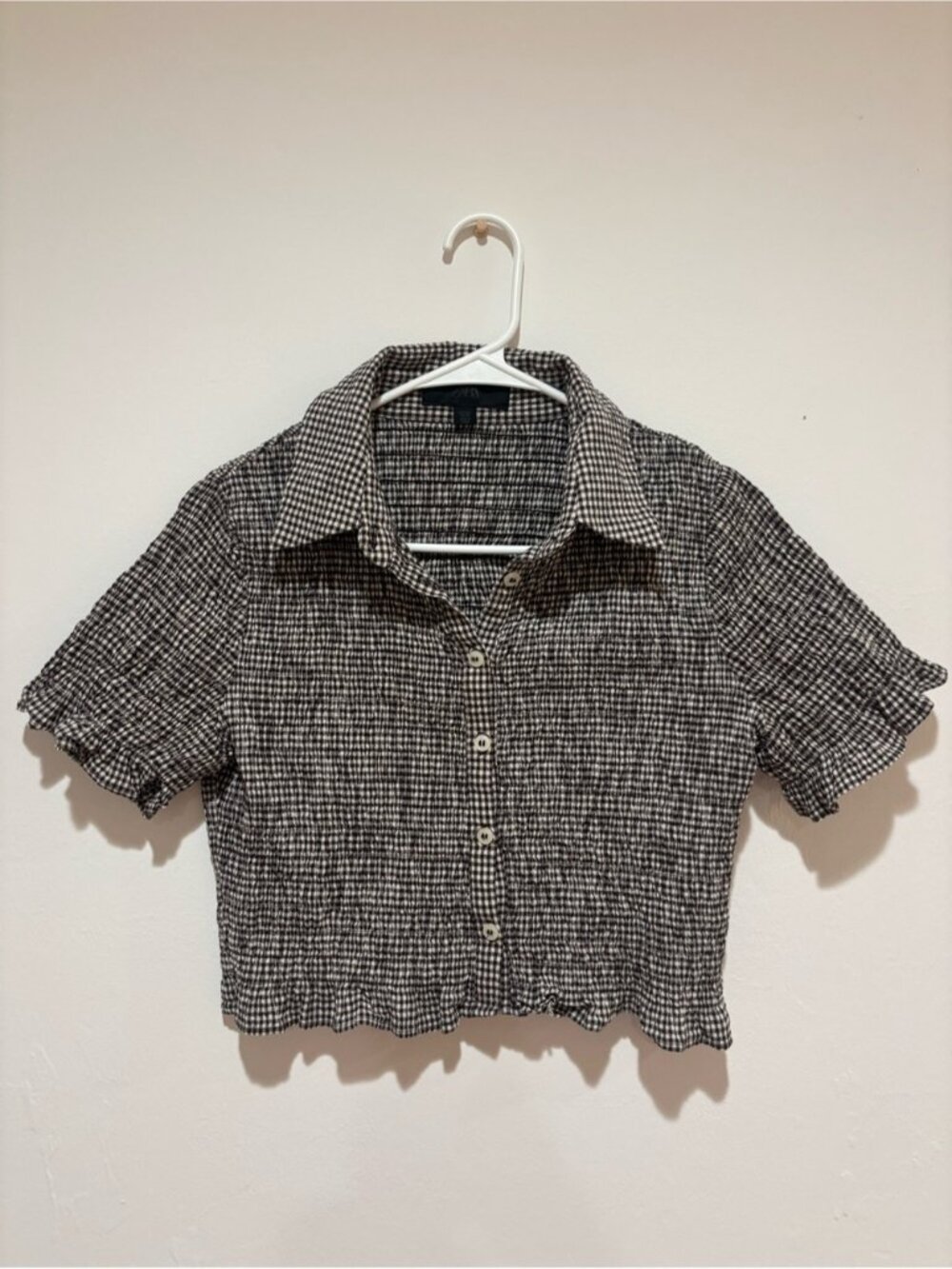 Women’s Size Large Top Brown and White Gingham Shirt Short Sleeve Collared